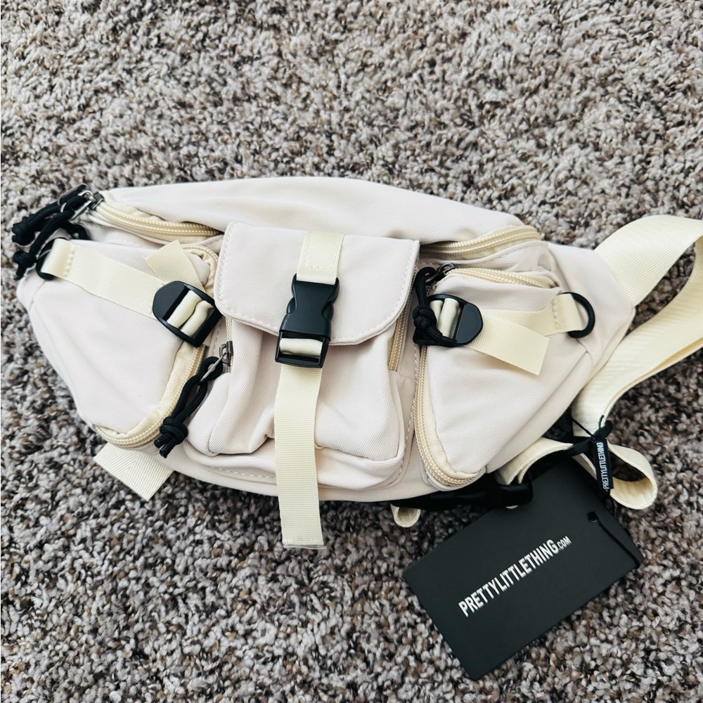 PrettyLittleThing Cream Utility Belt Bag with Black Buckle